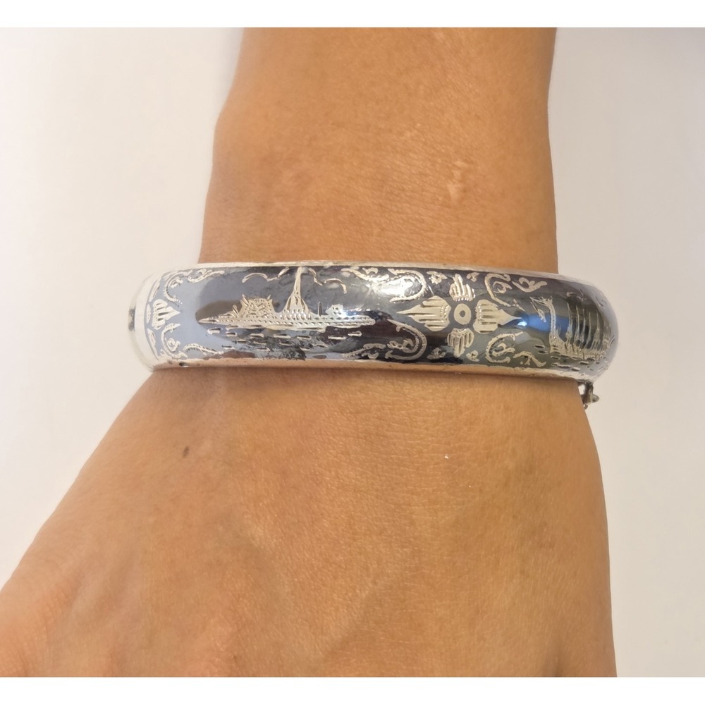 Ornate Antique Sterling Silver Siam Hinge Bangle Bracelet Pre Thailand 8"